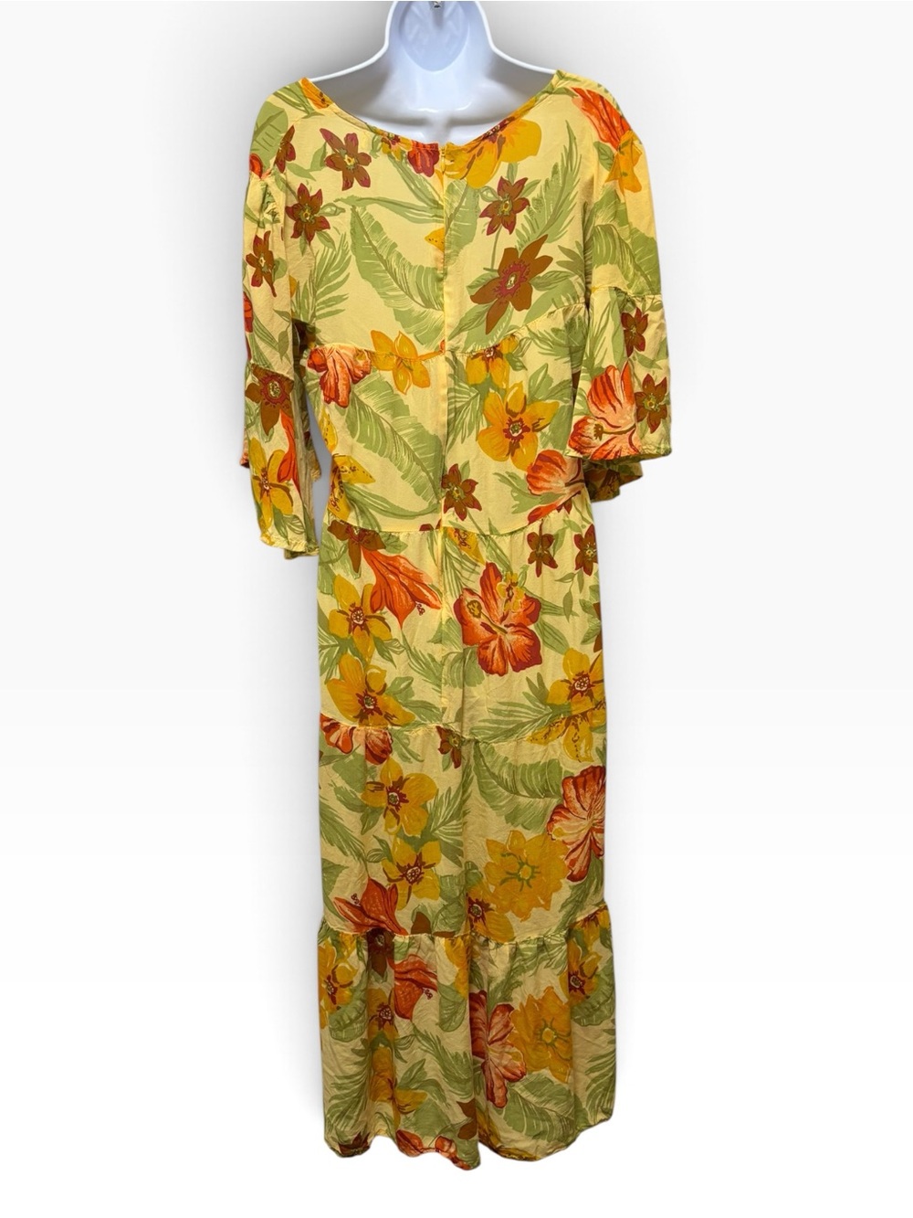 Faithfull the Brand Yellow Tropical Floral V-Neck Tiered Midi Dress XL - Picture 4 of 6